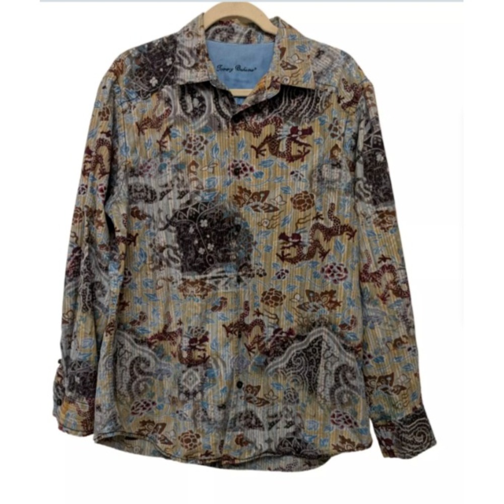 Tommy Bahama Dragon Long Sleeve Silk Blend Button Down Shirt Mens XL Tan Blue